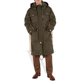 Burberry Men's Olive Green Detachable Hood Quilted Ramie Cotton Parka, Size Small