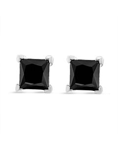.925 Sterling Silver 5/8 Cttw Princess-Cut Treated Black Diamond Classic 4-Prong Stud Earrings (Fancy Color-Enhanced, I2-I3 Clarity)