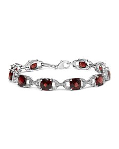 .925 Sterling Silver 7x7mm Checkered Cushion Red Garnet and Diamond Accent Fashion Tennis Link Bracelet (I-J Color, I1-I2 Clarity)