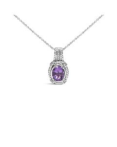 .925 Sterling Silver 9x7mm Oval Purple Amethyst and Round Diamonds 1/50 Cttw Fashion Drop Pendant  (I-J Color, I1-I2 Clarity)