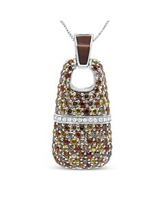 .925 Sterling Silver Brown Enamel 1 Cttw White and Brown Diamonds and 1.5mm Yellow and Orange Sapphire Gemstones Statement 18" Pendant