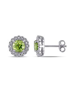 AMOUR 1/10 CT TW Diamond and Peridot Halo Stud Earrings In Sterling Silver