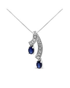 14K White Gold 5x4 MM Oval Shaped Natural Blue Sapphire and Diamond Accent Double Drop Ribbon 18" Pendant (J-K Color, SI2-I1 Clarity)