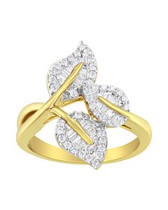 18K Yellow and White Gold Plated .925 Sterling Silver 3/8 Cttw Baguette and Round Diamond Bypass Triple Leaf Ring (I-J Color, I1-I2 Clarity)