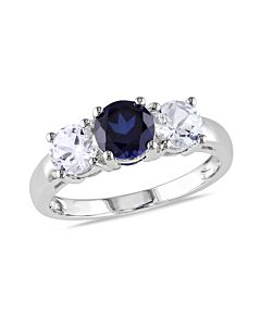 2 1/3 CT TGW Created White Sapphire Created Blue Sapphire 3 Stone Ring  10k White Gold