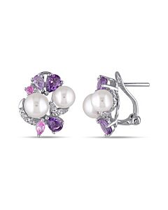 AMOUR Amethyst, Rose De France, Created Pink and Created White Sapphire and White Cultured Freshwater Pearl Cluster Earrings In Sterling Silver