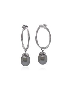 ALOR Grey Twisted Cable Hoop Earrings with Black South Sea Pearls