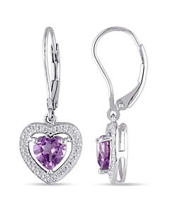 AMOUR Amethyst and Diamond Heart Leverback Earrings In Sterling Silver