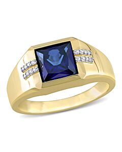 Amour 0.05 CT Diamond TW And 3.06 CT TGW Created Blue Sapphire Fashion Ring 10k Yellow Gold