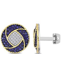 AMOUR 1 1/2 CT TGW Sapphire and 1/3 CT TW Diamond Cufflinks In 2-Tone Sterling Silver