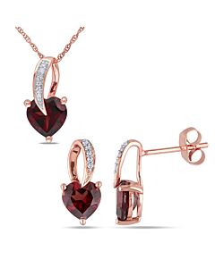 AMOUR 2-piece Set Of Heart Shaped Garnet and Diamond Earrings and Pendant with Chain In 10K Rose Gold