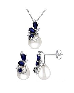 AMOUR 7.5 - 9 Mm Cultured Freshwater Pearl 1/10 CT TW Diamond and Blue Sapphire 3-sTone Earrings and Pendant with Chain Set In 10K White Gold