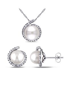 AMOUR 8-8.5 Mm Cultured Freshwater Pearl and 1/7 CT TW Diamond Halo Stud Earrings and Pendant with Chain Set In 10K White Gold