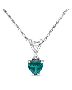 AMOUR Heart Shaped Created Emerald Pendant and Chain with Diamonds In 10K White Gold