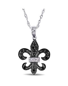 AMOUR 1/8 CT TW Black and White Diamond Scroll Pendant with Chain In 10K White Gold with Black Rhodium
