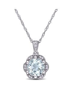 AMOUR 1 1/7 CT TGW Aquamarine and Diamond Accent Flower Necklace In 14K White Gold