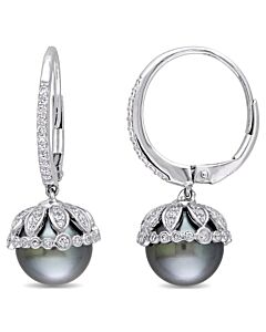 AMOUR 9-9.5 Mm Black Tahitian Cultured Pearl and 1/2 CT TW Diamond Floral Drop Leverback Earrings In 14K White Gold