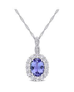 AMOUR Oval Shape Tanzanite, White Topaz, and Diamond Accent Vintage Halo Pendant with Chain In 14K White Gold