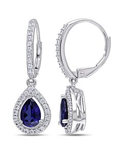 AMOUR 2 7/8 CT TGW Created Blue and White Sapphire Teardrop Leverback Earrings In Sterling Silver