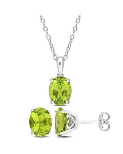 Amour 5 3/4 CT TGW Oval Peridot 2-Piece Solitaire Pendant with Chain and Stud Earrings Set in Sterling Silver