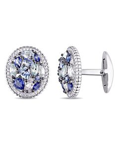 AMOUR 6CT TGW Blue and White Sapphire Clustered Halo Cufflinks In Sterling Silver