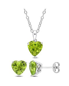 Amour 5 CT TGW Heart-Shape Peridot 2-Piece Solitaire Pendant with Chain and Stud Earrings Set in Sterling Silver