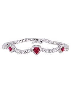 AMOUR 8-2/5 CT TGW Created Ruby and Created White Sapphire Stationed Triple Halo Heart Tennis Bracelet In Sterling Silver
