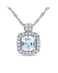 AMOUR Cushion Cut Aquamarine and 1/10 CT TW Diamond Pendant with Chain In 10K White Gold