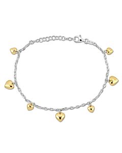 Amour Heart Charm Station Bracelet in White and Yellow Plated Sterling Silver