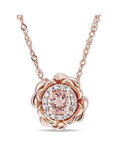 AMOUR Morganite and 1/10 CT TW Diamond Halo Flower Pendant with Chain In 10K Rose Gold