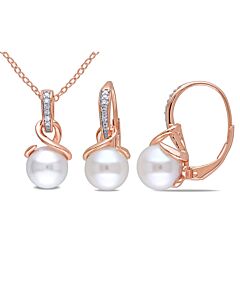AMOUR 1/10 CT TW Diamond and 8 - 8.5 Mm Cultured Freshwater Pearl Swirl Leverback Earrings and Pendant with Chain 2-piece Set In Rose Silver
