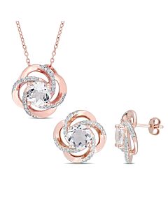 AMOUR 2 Pc Set Of 7 3/4 CT TGW White Topaz Swirl Stud Earrings & Necklace In Rose Plated Sterling Silver