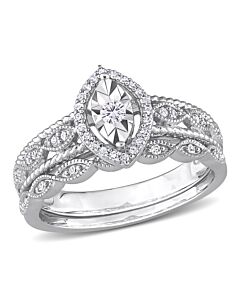 Amour Sterling Silver 1/5 CT TW Diamond Oval Halo Bridal Ring Set