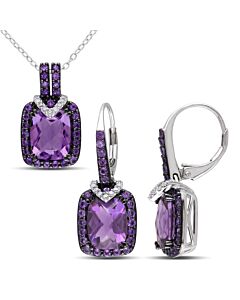 AMOUR 2-pc Set Of 1/6 CT TW Diamond and 7 3/4 CT TGW Cushion-cut Amethyst-Africa Vintage Leverback Earrings and Pendant with Chain In Sterling Silver