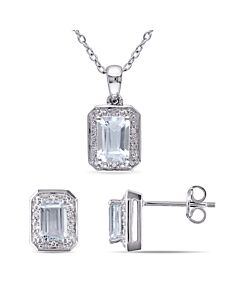 AMOUR 2 Pc Set Of 1/8 CT TW Diamond and Aquamarine Octagonal Earrings and Pendant with Chain in Sterling Silver