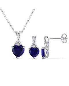 AMOUR 2-pc Set Of 3 3/4 CT TGW Created Blue Sapphire and Diamond Heart Pendant with Chain and Stud Earrings In Sterling Silver