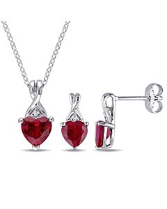 AMOUR 3 3/4 CT TGW Created Ruby and Diamond Heart Twist Pendant with Chain and Earrings 2-piece Set In Sterling Silver