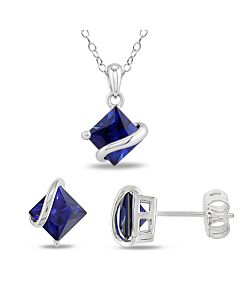 AMOUR 3 3/4 CT TGW Square Created Blue Sapphire Wave Pendant with Chain and Stud Earrings 2-piece Set In Sterling Silver