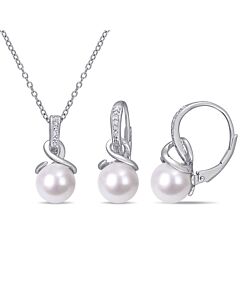 AMOUR 8 - 8.5 Mm Cultured Freshwater Pearl and 1/10 CT TW Diamond Twist Leverback Earrings and Pendant with Chain In Sterling Silver