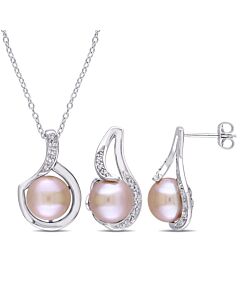 AMOUR 2-piece Set Of 9 - 9.5 Mm Pink Cultured Freshwater Pearl and 1/10 CT TW Diamond Halo Earrings and Pendant with Chain In Sterling Silver