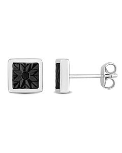 AMOUR Black Diamond Accent Square Men's Stud Earrings In Sterling Silver