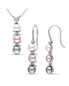 AMOUR 2-pc Set Of Dyed Grey, Pink and White Cultured Freshwater Pearl and Diamond Drop Earrings and Pendant with Chain In Sterling Silver