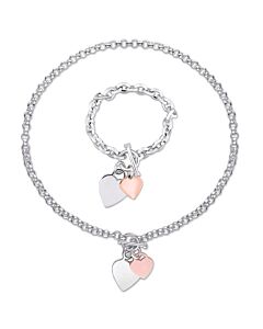 AMOUR 2 Piece Set Of Heart Charm Bracelet and Necklace In Two-Tone Rose and White Sterling Silver