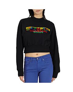 Balmain Ladies Black/Multicolor Logo Pixel Embroidered Cropped Sweatshirt
