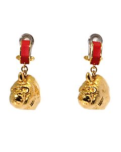 Burberry Bright Red Light Gold Leather And Gold-plated Nut And Gorilla Earrings