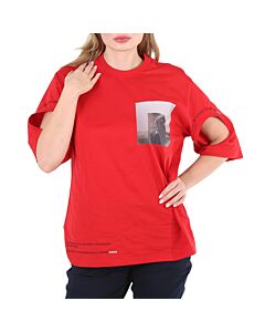 Burberry Carrick Ladies Bright Red Cut-out Detail Montage Print Oversized T-shirt