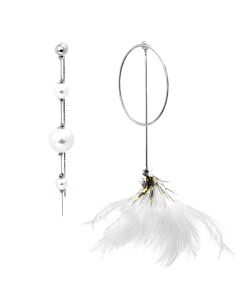 Burberry Ladies Glass Pearl & Ostrich Feather Asymmetrical Drop Earrings
