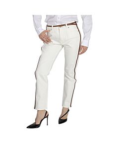 Burberry Ladies Off White Straight Fit Leather Harness Detail Jeans