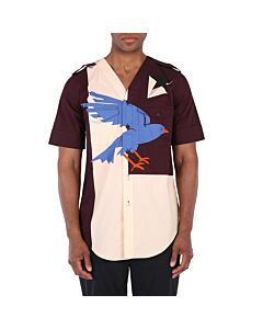 Burberry Men's Deep Maroon Bird Geo Print Short Sleeve Cotton Shirt