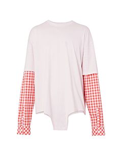 Burberry Men's Pale Pink Cut-Out Hem Gingham Sleeve Cotton Oversized T-Shirt